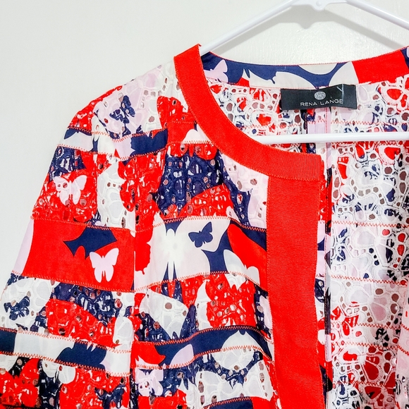 RENA LANGE 100% Cotton Red Eyelet Floral Boho Butterfly Blazer size 8 - Picture 3 of 8